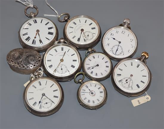 Six assorted silver or white metal pocket watches including Thomas Wheeler, Preston, two other watches and a filligree box.